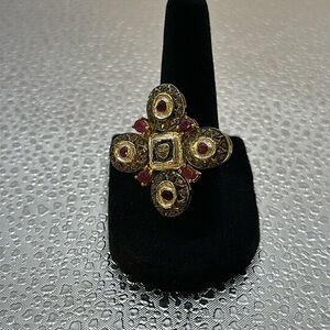 Polkie diamond and Ruby statement ring. Platinum over sterling. Size 6 3/4​
